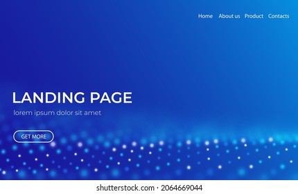 Abstract landing page background with blue particles. Flow wave with dot landscape. Digital data structure. Future mesh or sound grid. Pattern point visualization. Technology vector illustration.