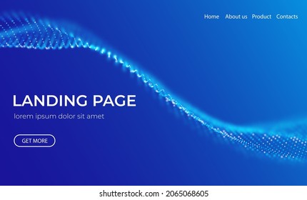 Abstract landing page background with blue particles. Flow wave with dot landscape. Digital data structure. Future mesh or sound grid. Pattern point visualization. Technology vector illustration.