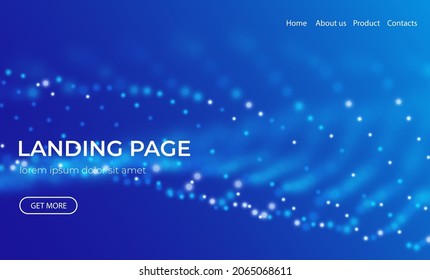 Abstract landing page background with blue particles. Flow wave with dot landscape. Digital data structure. Future mesh or sound grid. Pattern point visualization. Technology vector illustration.