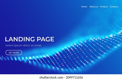 Abstract landing page background with blue particles. Flow wave with dot landscape. Digital data structure. Future mesh or sound grid. Pattern point visualization. Technology vector illustration.