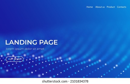 Abstract landing page background with blue particles. Flow wave with dot landscape. Digital data structure. Future mesh or sound grid. Pattern point visualization. Technology vector illustration.