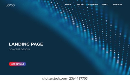 Abstract landing page background with blue particles. Flow wave with dot landscape. Digital data structure. Future mesh or sound grid. Pattern point visualization. Technology vector illustration.