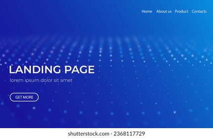 Abstract landing page background with blue particles. Flow wave with dot landscape. Digital data structure. Future mesh or sound grid. Pattern point visualization. Technology vector illustration.