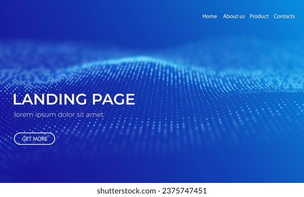 Abstract landing page background with blue particles. Flow wave with dot landscape. Digital data structure. Future mesh or sound grid. Pattern point visualization. Technology vector illustration.