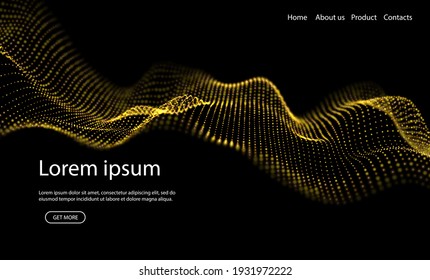 Abstract landing page background with gold particles. Flow wave with dot landscape. Digital data structure. Future mesh or sound grid. Pattern point visualization. Technology vector illustration.