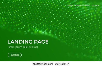Abstract landing page background with green particles. Flow wave with dot landscape. Digital data structure. Future mesh or sound grid. Pattern point visualization. Technology vector illustration.