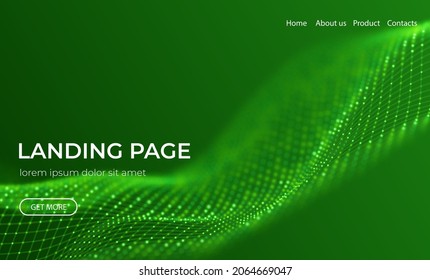 Abstract landing page background with green particles. Flow wave with dot landscape. Digital data structure. Future mesh or sound grid. Pattern point visualization. Technology vector illustration.