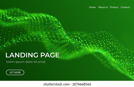 Abstract landing page background with green particles. Flow wave with dot landscape. Digital data structure. Future mesh or sound grid. Pattern point visualization. Technology vector illustration.