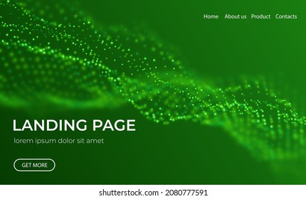 Abstract landing page background with green particles. Flow wave with dot landscape. Digital data structure. Future mesh or sound grid. Pattern point visualization. Technology vector illustration.