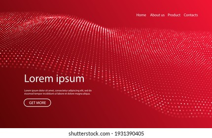 Abstract Landing Page Background With Red Particles. Flow Wave With Dot Landscape. Digital Data Structure. Future Mesh Or Sound Grid. Pattern Point Visualization. Technology Vector Illustration.