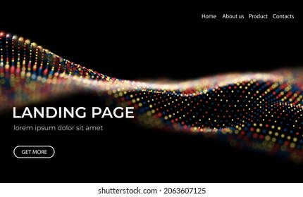 Abstract landing page background with red blue and yellow particles. Flow wave with dot landscape. Digital data structure.