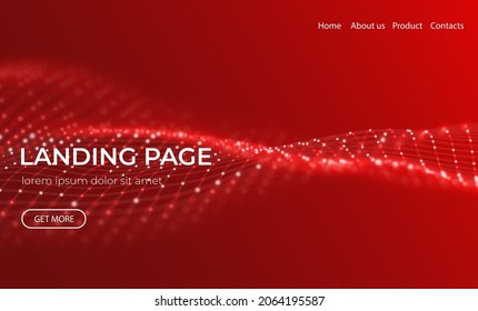 Abstract landing page background with red particles. Flow wave with dot landscape. Digital data structure. Future mesh or sound grid. Pattern point visualization. Technology vector illustration.