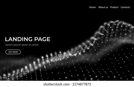 Abstract landing page background with white particles. Flow wave with dot landscape. Digital data structure. Future mesh or sound grid. Pattern point visualization. Technology vector illustration.