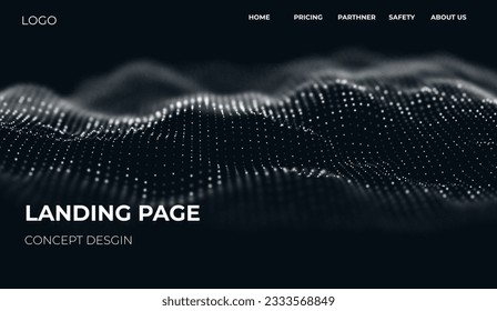 Abstract landing page background with white particles. Flow wave with dot landscape. Digital data structure. Future mesh or sound grid. Pattern point visualization. Technology vector illustration.