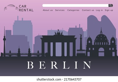 Abstrakte Landungsseite für Berliner Autovermietungen. Mieten von Auto Online Concept Illustration. Berliner Architektur und Gebäude, Silhouetten auf violettem Hintergrund.