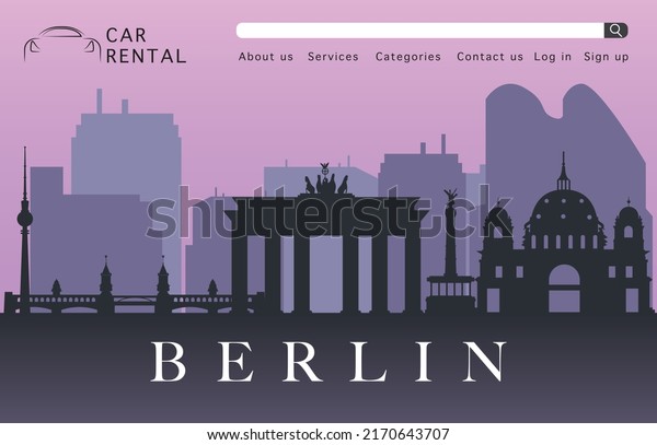 Abstract landing page for Berlin\
car rental agencies. Renting car online concept illustration.\
Berlin architecture and buildings silhouettes on purple\
background.