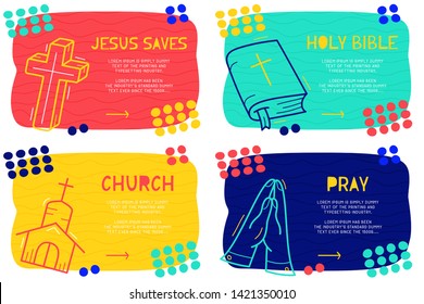 Abstract landing page pattern with different element, text block and doodle holy bible, pray, cross, church icon. Vector fun background.