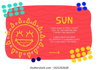 Abstract landing page pattern with different element, text block and doodle sun icon. Vector fun background.