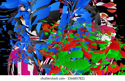 Abstract landing page template with bright colored random small particle explosion. Sport music social media layout. Optical art dynamic background with outer space motion. Futuristic vector.