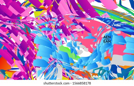 Abstract landing page template with bright colored random small particle explosion. Sport music social media layout. Optical art dynamic background with outer space motion. Futuristic vector.
