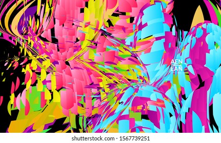 Abstract landing page template with bright colored random small particle explosion. Sport music social media layout. Optical art dynamic background with outer space motion. Futuristic vector.