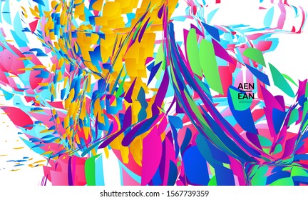 Abstract landing page template with bright colored random small particle explosion. Sport music social media layout. Optical art dynamic background with outer space motion. Futuristic vector.