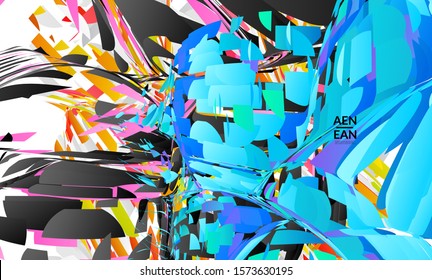 Abstract landing page template with bright colored random small particle explosion. Sport music social media layout. Optical art dynamic background with outer space motion. Futuristic vector.