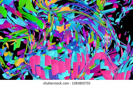 Abstract landing page template with bright colored random small particle explosion. Sport music social media layout. Optical art dynamic background with outer space motion. Futuristic vector.