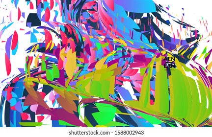Abstract landing page template with bright colored random small particle explosion. Sport music social media layout. Optical art dynamic background with outer space motion. Futuristic vector.