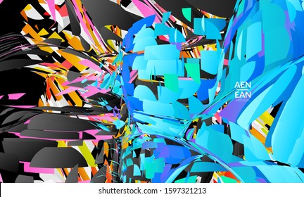 Abstract landing page template with bright colored random small particle explosion. Sport music social media layout. Optical art dynamic background with outer space motion. Futuristic vector.