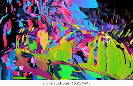 Abstract landing page template with bright colored random small particle explosion. Sport music social media layout. Optical art dynamic background with outer space motion. Futuristic vector.
