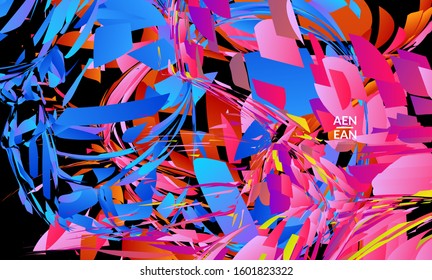 Abstract landing page template with bright colored random small particle explosion. Sport music social media layout. Optical art dynamic background with outer space motion. Futuristic vector.