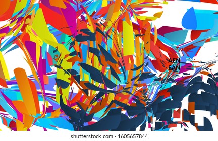 Abstract landing page template with bright colored random small particle explosion. Sport music social media layout. Optical art dynamic background with outer space motion. Futuristic vector.