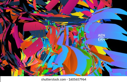 Abstract landing page template with bright colored random small particle explosion. Sport music social media layout. Optical art dynamic background with outer space motion. Futuristic vector.