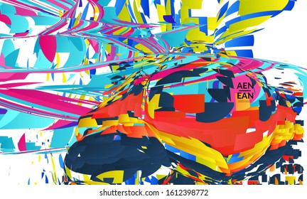 Abstract landing page template with bright colored random small particle explosion. Sport music social media layout. Optical art dynamic background with outer space motion. Futuristic vector.
