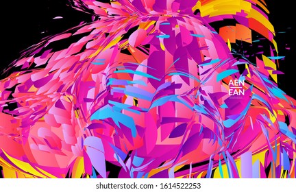 Abstract landing page template with bright colored random small particle explosion. Sport music social media layout. Optical art dynamic background with outer space motion. Futuristic vector.