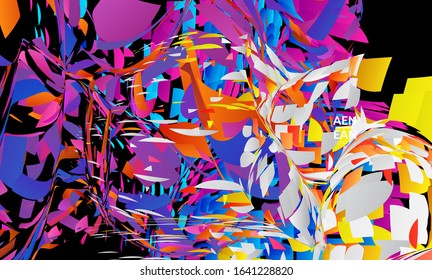 Abstract landing page template with bright colored random small particle explosion. Sport music social media layout. Optical art dynamic background with outer space motion. Futuristic vector.