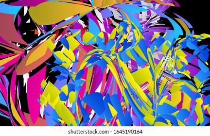 Abstract landing page template with bright colored random small particle explosion. Sport music social media layout. Optical art dynamic background with outer space motion. Futuristic vector.