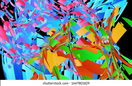 Abstract landing page template with bright colored random small particle explosion. Sport music social media layout. Optical art dynamic background with outer space motion. Futuristic vector.