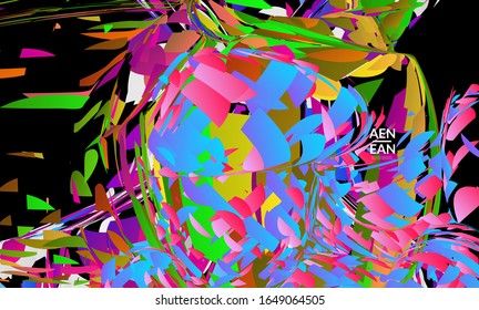 Plantilla de página de inicio abstracta con explosión aleatoria de partículas pequeñas de color brillante. Diseño de medios sociales de música deportiva. Fondo dinámico de arte óptico con movimiento en el espacio ultraterrestre. Vector futurista.