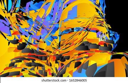 Abstract landing page template with bright colored random small particle explosion. Sport music social media layout. Optical art dynamic background with outer space motion. Futuristic vector.