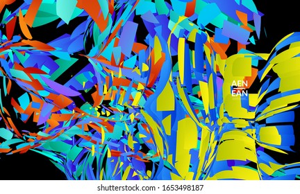 Plantilla de página de inicio abstracta con explosión aleatoria de partículas pequeñas de color brillante. Diseño de medios sociales de música deportiva. Fondo dinámico de arte óptico con movimiento en el espacio ultraterrestre. Vector futurista.
