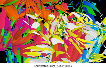 Abstract landing page template with bright colored random small particle explosion. Sport music social media layout. Optical art dynamic background with outer space motion. Futuristic vector.