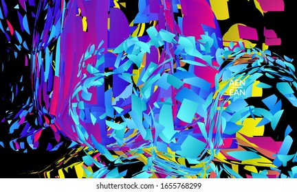 Abstract landing page template with bright colored random small particle explosion. Sport music social media layout. Optical art dynamic background with outer space motion. Futuristic vector.