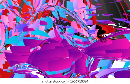 Abstract landing page template with bright colored random small particle explosion. Sport music social media layout. Optical art dynamic background with outer space motion. Futuristic vector.