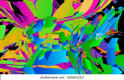 Abstract landing page template with bright colored random small particle explosion. Sport music social media layout. Optical art dynamic background with outer space motion. Futuristic vector.