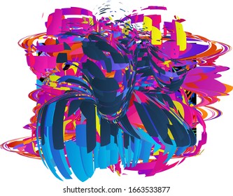 Abstract landing page template with bright colored random small particle explosion. Sport music social media layout. Optical art dynamic background with outer space motion. Futuristic vector.
