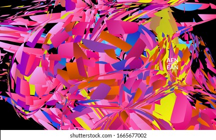 Abstract landing page template with bright colored random small particle explosion. Sport music social media layout. Optical art dynamic background with outer space motion. Futuristic vector.