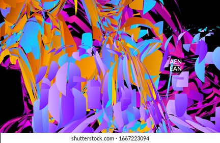 Plantilla de página de inicio abstracta con explosión aleatoria de partículas pequeñas de color brillante. Diseño de medios sociales de música deportiva. Fondo dinámico de arte óptico con movimiento en el espacio ultraterrestre. Vector futurista.