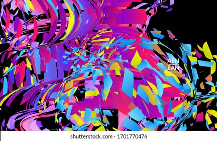Plantilla de página de inicio abstracta con explosión aleatoria de partículas pequeñas de color brillante. Diseño de medios sociales de música deportiva. Fondo dinámico de arte óptico con movimiento en el espacio ultraterrestre. Vector futurista.